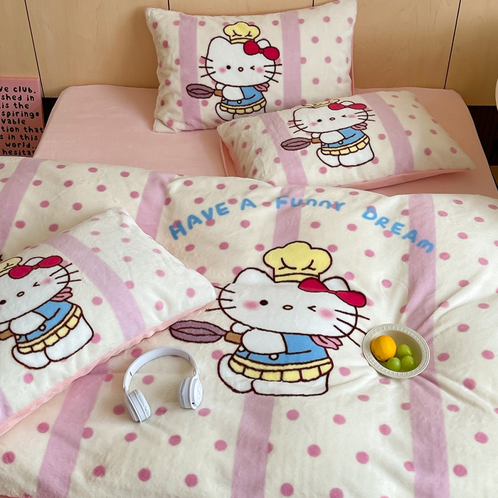 91家纺网 家纺一手货源 找家纺 安哆啦家纺 2024新款兔毛绒大版卡通牛奶绒兔兔绒印花四件套 烹饪猫