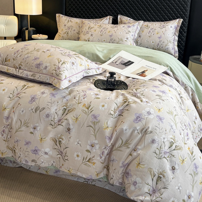 91家纺网 家纺一手货源 找家纺 大柏树 2025新款A类全棉磨毛印花四件套 暗香灰