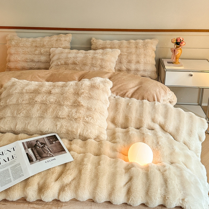 91家纺网 家纺一手货源 找家纺 畅畅家纺 2024新款AB版冬季纯色七彩兔兔绒兔毛绒牛奶绒四件套 卡其