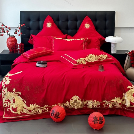 91家纺网 家纺一手货源 找家纺 （总）JUICY 橘滋家纺 2024新款100支全棉提花高端婚庆《囍》系列四件套