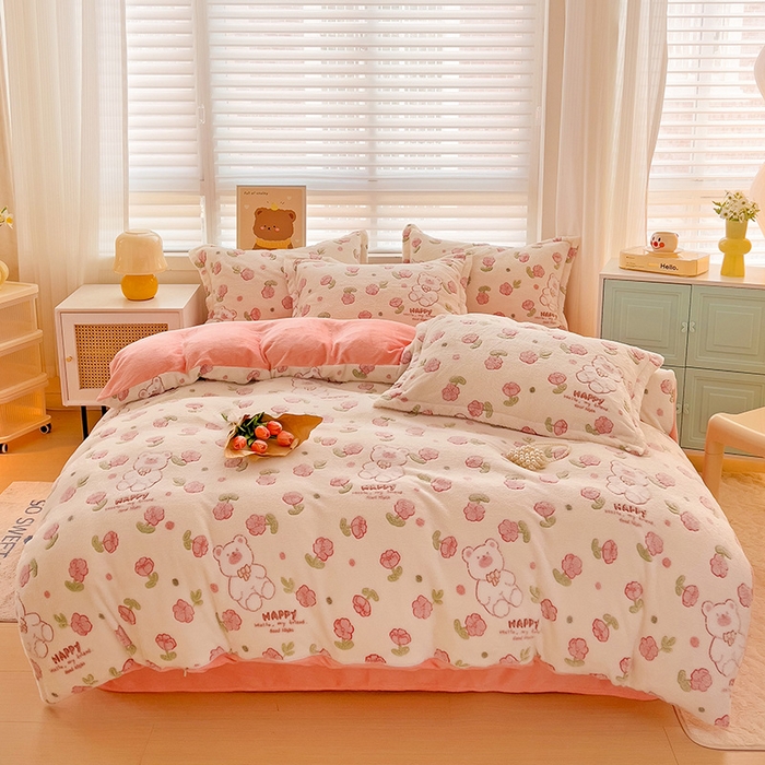 91家纺网 家纺一手货源 找家纺 2024新款加厚雪花绒印花四件套-风格二（提供卖家秀） 花花世界