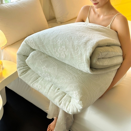 91家纺网 家纺一手货源 找家纺 莱登卡奴 2024新款牛奶绒雕花绒大豆被 素简-云玺绿