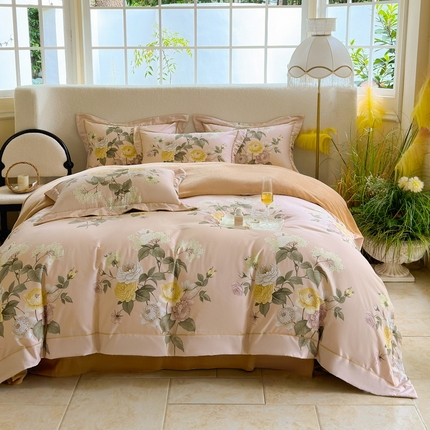 2025新款A纯棉B牛奶绒四件套13376全棉加绒一字绣宽边轻奢套件-夹棉款 花绘-粉