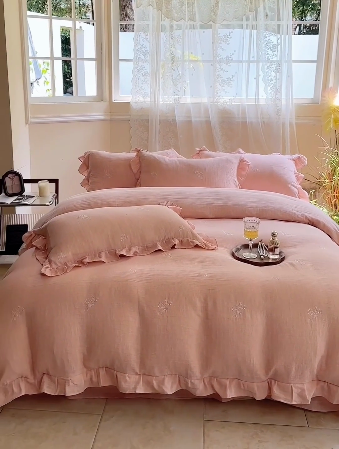 91家纺网 家纺一手货源 找家纺 （总）2025新品全棉色织皱皱纱刺绣款四件套