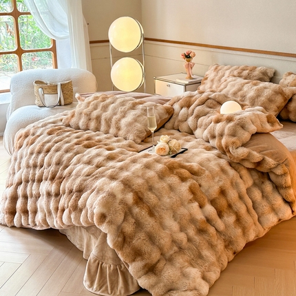 畅畅家纺 2024新款AB版冬季纯色七彩兔兔绒兔毛绒牛奶绒四件套 七彩-咖