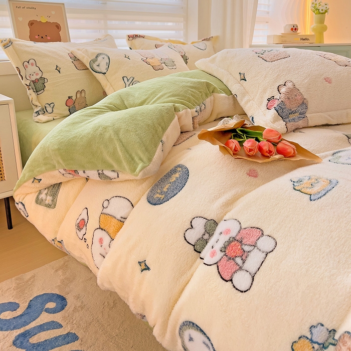 91家纺网 家纺一手货源 找家纺 2024新款加厚雪花绒印花四件套-风格二（提供卖家秀） 快乐心情