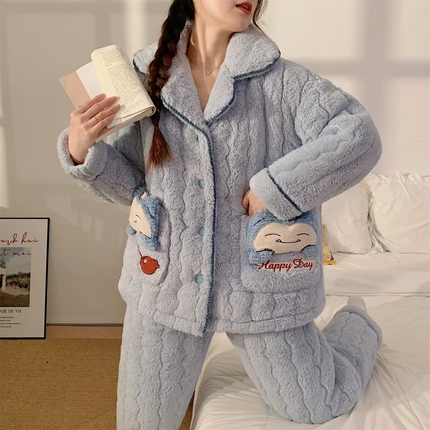 洛兰沙家居馆 2024新款公主风女秋冬季三层夹棉珊瑚绒加厚保暖两件套女士可外穿加绒家居服 L12