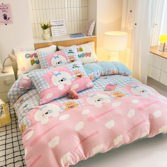 91家纺网 家纺一手货源 找家纺 柚子YOUTH 2024新款加厚纯印花牛奶绒四件套 晚安狗