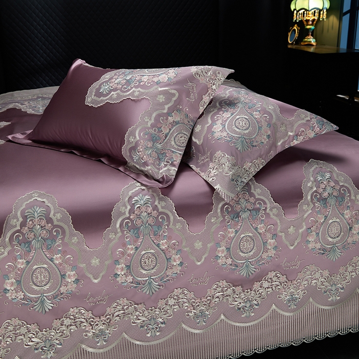 91家纺网 家纺一手货源 找家纺 2024新款高端蕾丝重磅真丝棉系列四件套-爱兰朵 爱兰朵豆沙