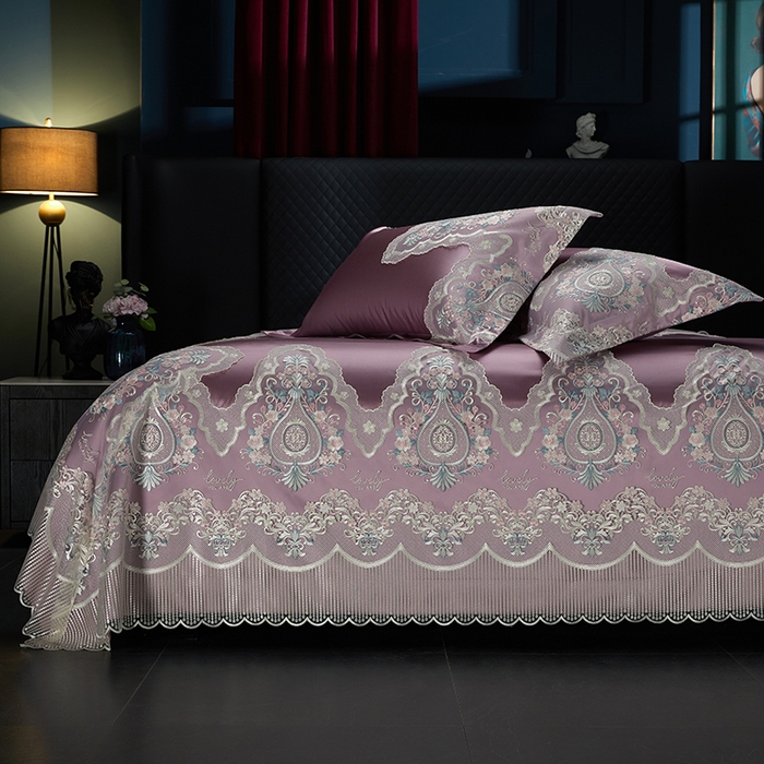 91家纺网 家纺一手货源 找家纺 2024新款高端蕾丝重磅真丝棉系列四件套-爱兰朵 爱兰朵豆沙