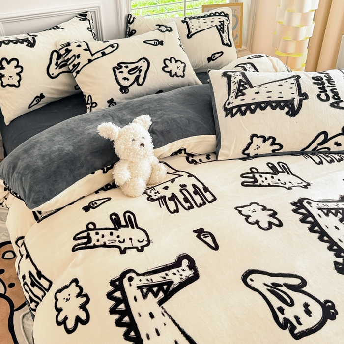 91家纺网 家纺一手货源 找家纺 简宜家居 2025新款牛奶绒印花四件套 简笔画