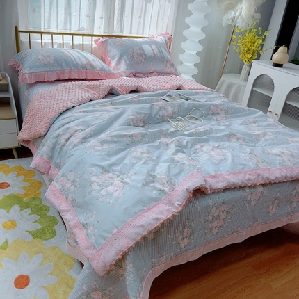 （总）暖居 2024新款双面纯棉砂洗床盖四件套同款大蕾丝花边包边豆豆被