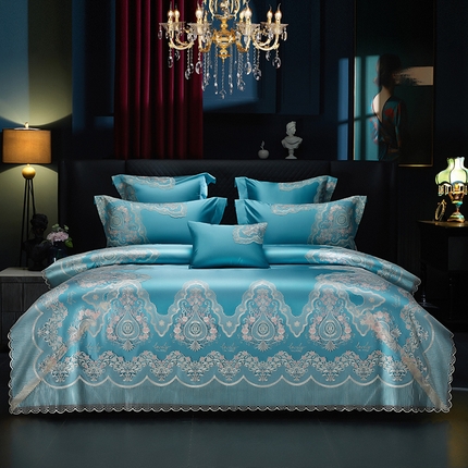 91家纺网 家纺一手货源 找家纺 2024新款高端蕾丝重磅真丝棉系列四件套-爱兰朵 爱兰朵炫彩绿