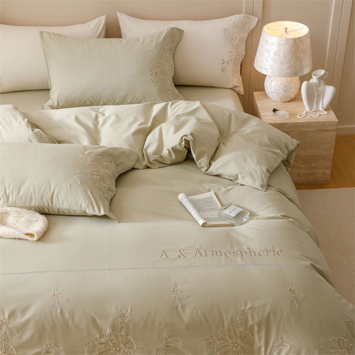 91家纺网 家纺一手货源 找家纺 艾莱家纺 2024新款A类新疆长绒棉加厚柔顺磨毛四件套-花开烂漫 花开烂漫-灰豆绿