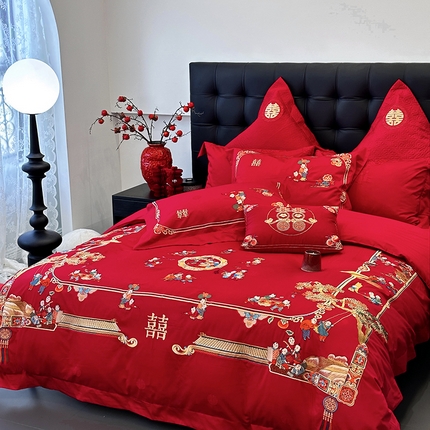 JUICY 橘滋家纺 2024新款100支全棉提花高端婚庆《囍》系列四件套 合和之喜