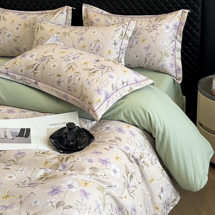 91家纺网 家纺一手货源 找家纺 大柏树 2025新款A类全棉磨毛印花四件套 暗香灰