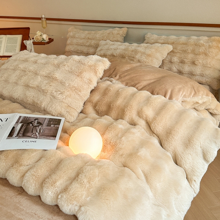 91家纺网 家纺一手货源 找家纺 畅畅家纺 2024新款AB版冬季纯色七彩兔兔绒兔毛绒牛奶绒四件套 卡其