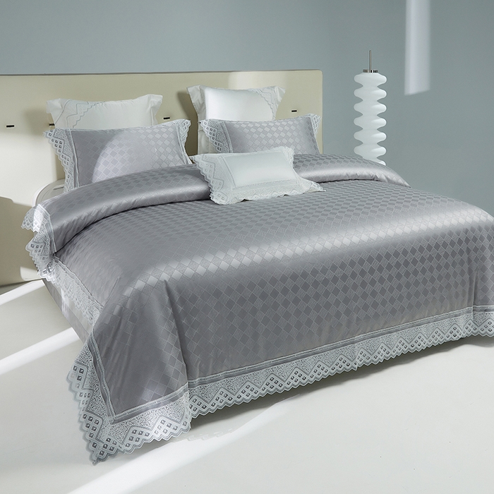 91家纺网 家纺一手货源 找家纺 2024新款高端蕾丝重磅真丝棉系列四件套-克莱斯特 克莱斯特 浅灰