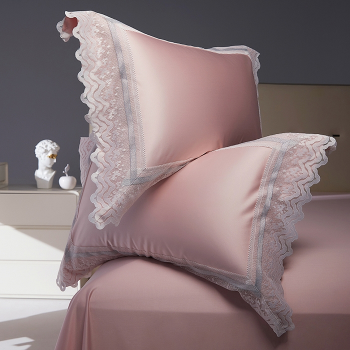 91家纺网 家纺一手货源 找家纺 2024新款高端蕾丝重磅真丝棉系列四件套-德鲁斯 德鲁斯 浅粉