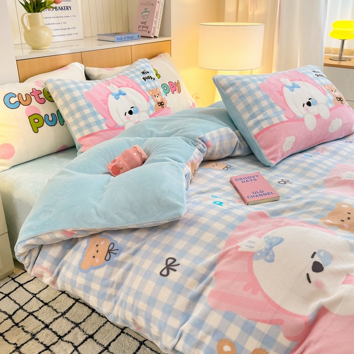 91家纺网 家纺一手货源 找家纺 柚子YOUTH 2024新款加厚纯印花牛奶绒四件套 晚安狗