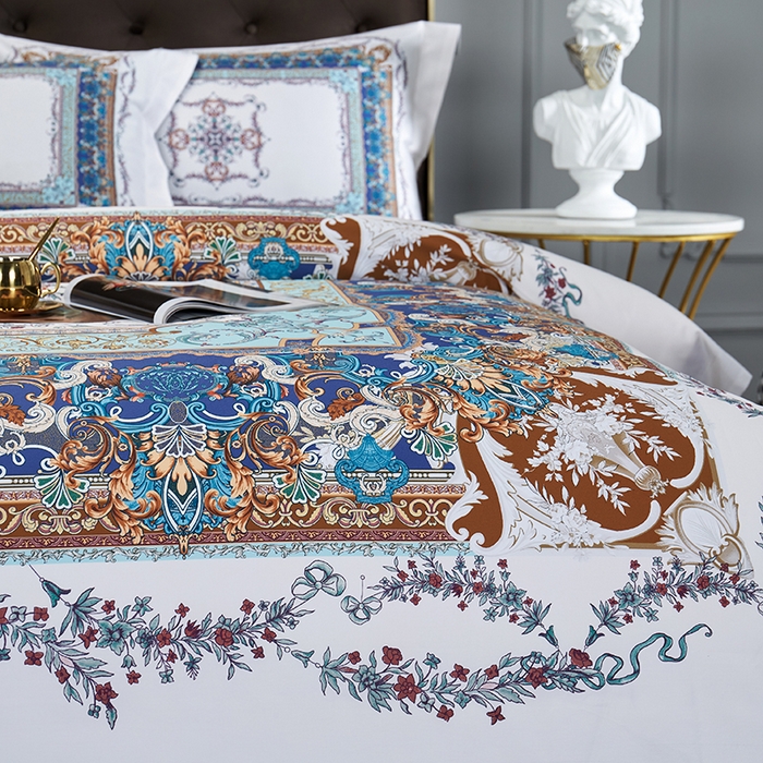 91家纺网 家纺一手货源 找家纺 2024新款100s长绒棉数码印花大版定位四件套 洛卡芙