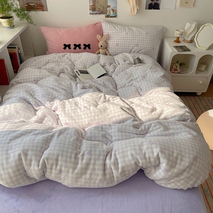 2024新款A类ins少女小清新蝴蝶爱心蝴蝶结毛巾绣混搭牛奶绒系列四件套 绒毛巾绣-格子爱心紫紫粉