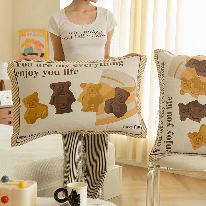 91家纺网 家纺一手货源 找家纺 2024新款全棉四层纱布枕套一对装纽扣款枕套 焦糖小熊