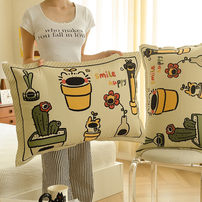 91家纺网 家纺一手货源 找家纺 2024新款全棉四层纱布枕套一对装纽扣款枕套 狗花