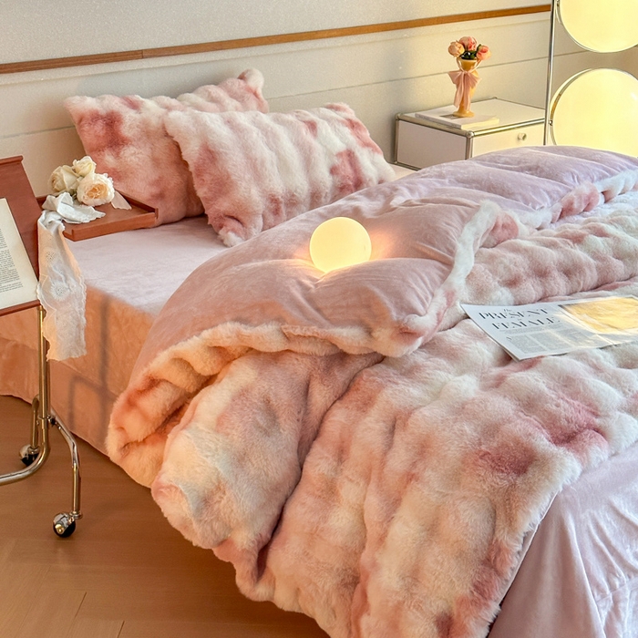 91家纺网 家纺一手货源 找家纺 畅畅家纺 2024新款AB版冬季纯色七彩兔兔绒兔毛绒牛奶绒四件套 七彩-粉