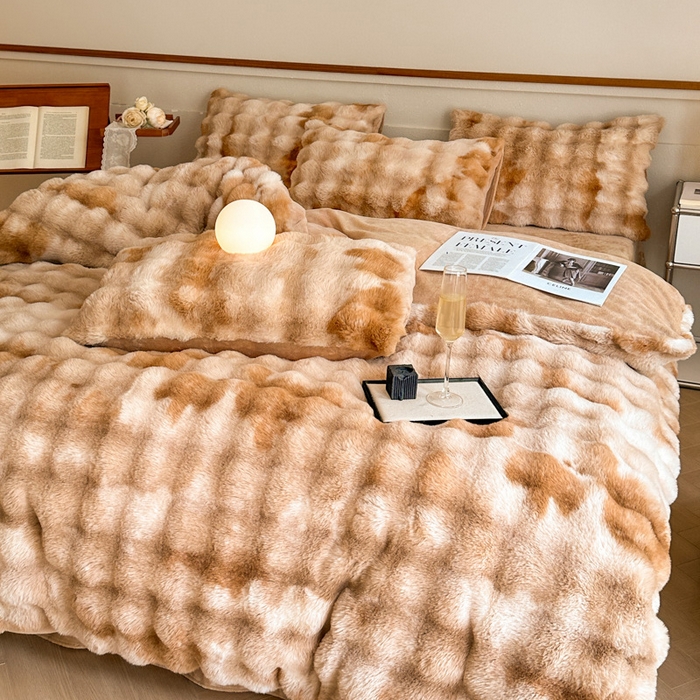 91家纺网 家纺一手货源 找家纺 畅畅家纺 2024新款AB版冬季纯色七彩兔兔绒兔毛绒牛奶绒四件套 七彩咖