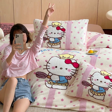 安哆啦家纺 2024新款兔毛绒大版卡通牛奶绒兔兔绒印花四件套 烹饪猫