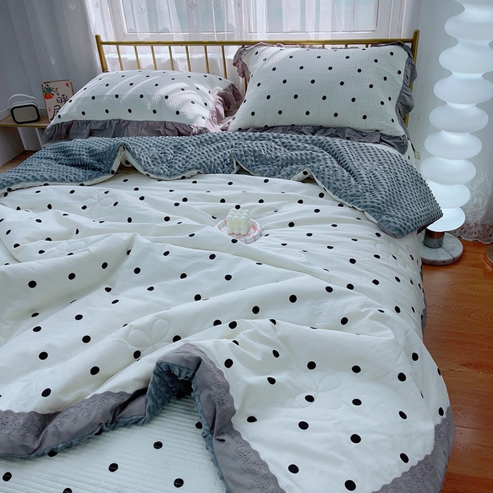 91家纺网 家纺一手货源 找家纺 暖居 2024新款包边豆豆被床盖四件套 经典小波点