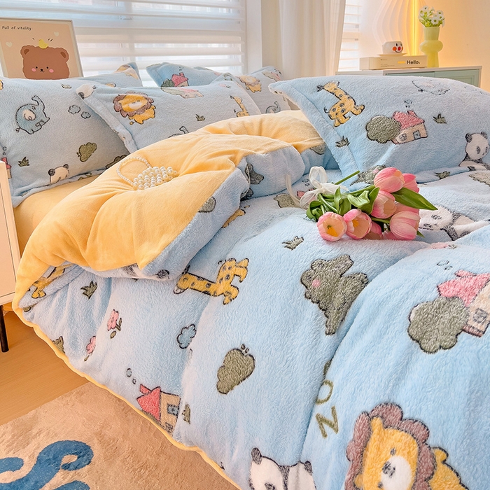 91家纺网 家纺一手货源 找家纺 2024新款加厚雪花绒印花四件套-风格二（提供卖家秀） 动物世界