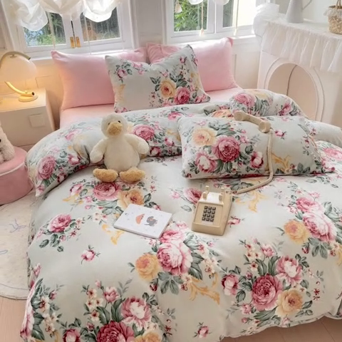 91家纺网 家纺一手货源 找家纺 红粉佳人 2025新款小清新双面牛奶绒四件套花镜