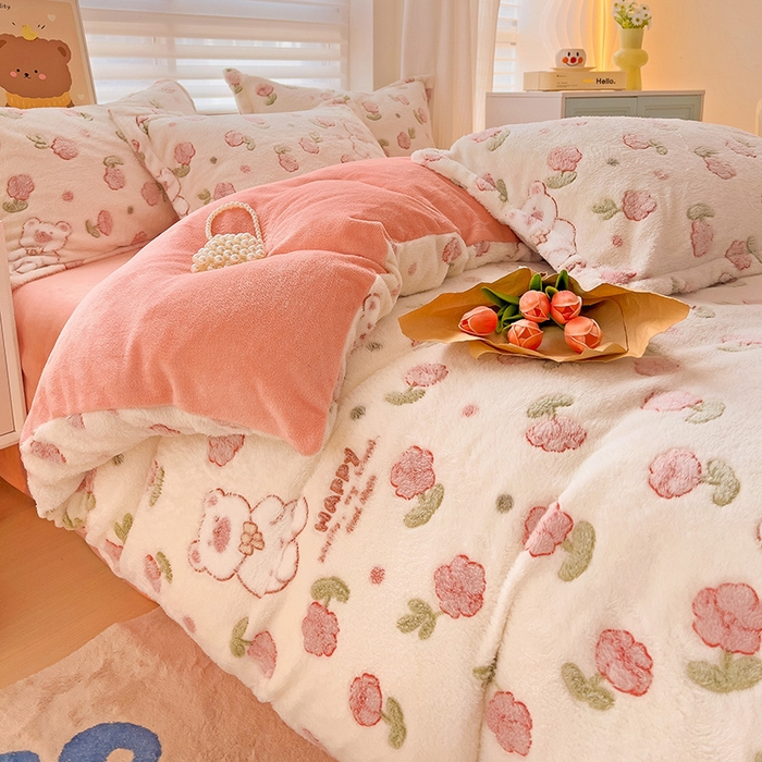 91家纺网 家纺一手货源 找家纺 2024新款加厚雪花绒印花四件套-风格二（提供卖家秀） 花花世界