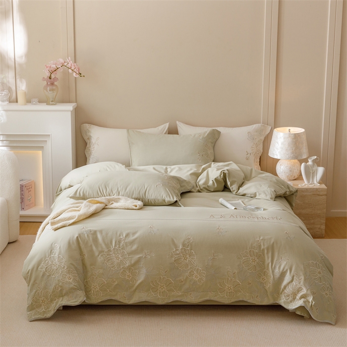 91家纺网 家纺一手货源 找家纺 艾莱家纺 2024新款A类新疆长绒棉加厚柔顺磨毛四件套-花开烂漫 花开烂漫-灰豆绿