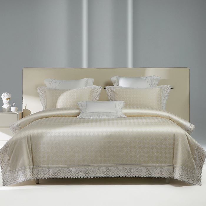 91家纺网 家纺一手货源 找家纺 2024新款高端蕾丝重磅真丝棉系列四件套-克莱斯特 克莱斯特-香槟