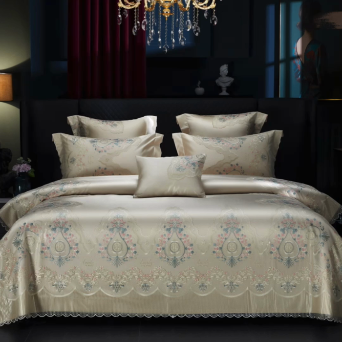 91家纺网 家纺一手货源 找家纺 2024新款高端蕾丝重磅真丝棉系列四件套-爱兰朵 爱兰朵香槟