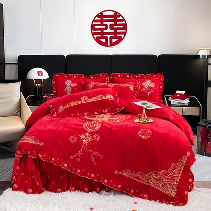 91家纺网 家纺一手货源 找家纺 （总）蒂爵 全棉纯棉抗静电宝宝绒婚庆绣花四件套