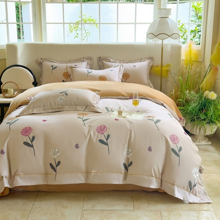 2025新款A纯棉B牛奶绒四件套13376全棉加绒一字绣宽边轻奢套件-夹棉款 卉雅