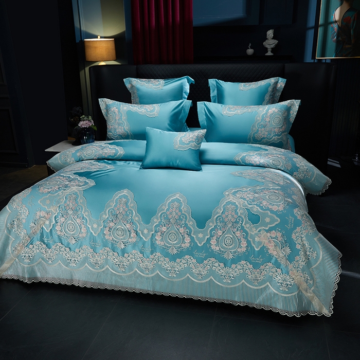 91家纺网 家纺一手货源 找家纺 2024新款高端蕾丝重磅真丝棉系列四件套-爱兰朵 爱兰朵炫彩绿