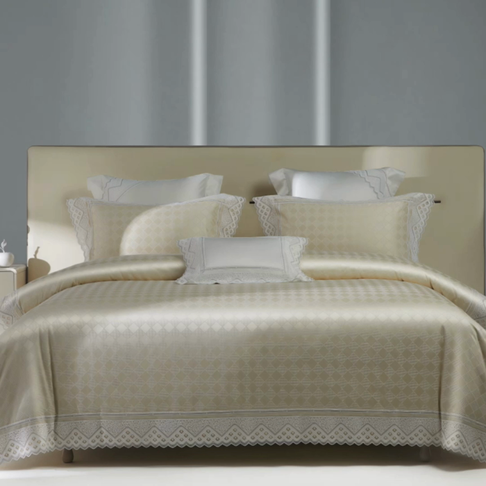 91家纺网 家纺一手货源 找家纺 2024新款高端蕾丝重磅真丝棉系列四件套-克莱斯特 克莱斯特-香槟