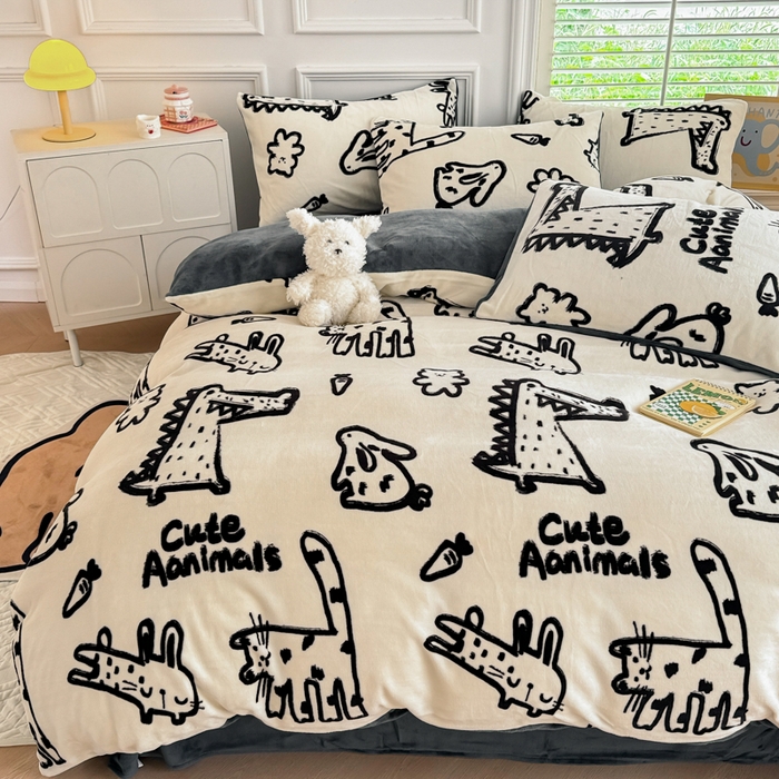 91家纺网 家纺一手货源 找家纺 简宜家居 2025新款牛奶绒印花四件套 简笔画