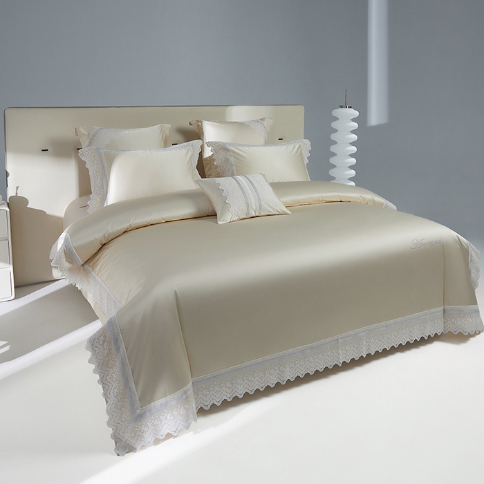 91家纺网 家纺一手货源 找家纺 2024新款高端蕾丝重磅真丝棉系列四件套-德鲁斯 德鲁斯 香槟