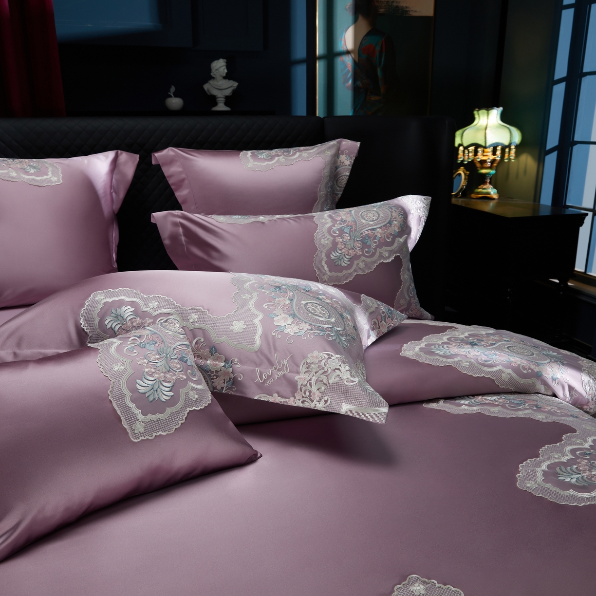 91家纺网 家纺一手货源 找家纺 2024新款高端蕾丝重磅真丝棉系列四件套-爱兰朵 爱兰朵豆沙