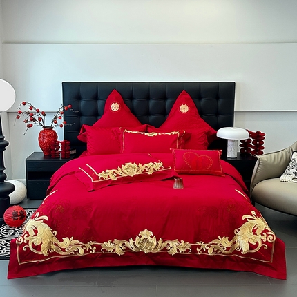 JUICY 橘滋家纺 2024新款100支全棉提花高端婚庆《囍》系列四件套 金色年华