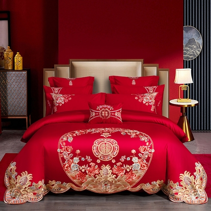 91家纺网 家纺一手货源 找家纺 蒂爵 全棉纯棉高端刺绣长绒棉提花婚庆多件套 花开满满