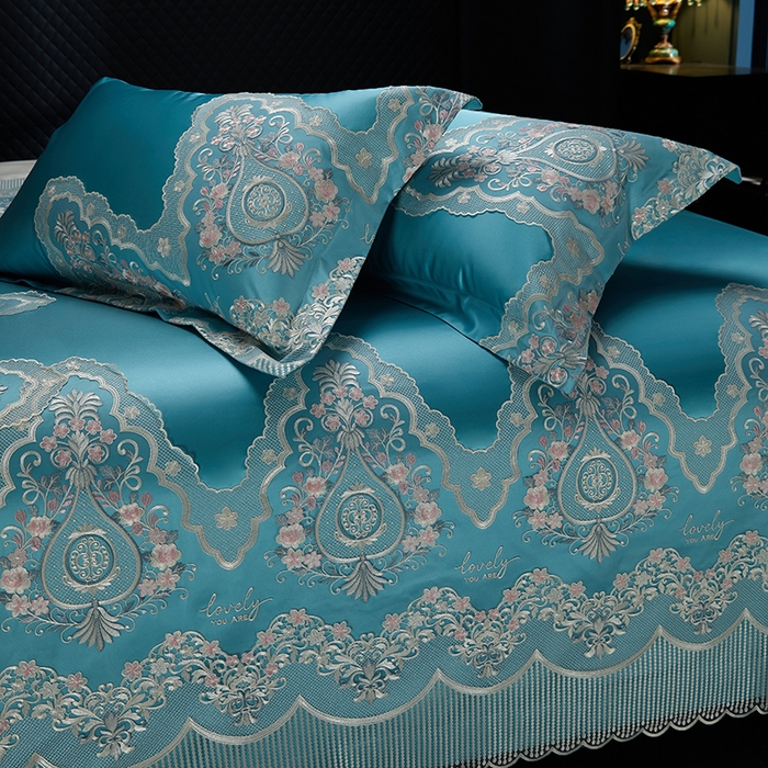 91家纺网 家纺一手货源 找家纺 2024新款高端蕾丝重磅真丝棉系列四件套-爱兰朵 爱兰朵炫彩绿