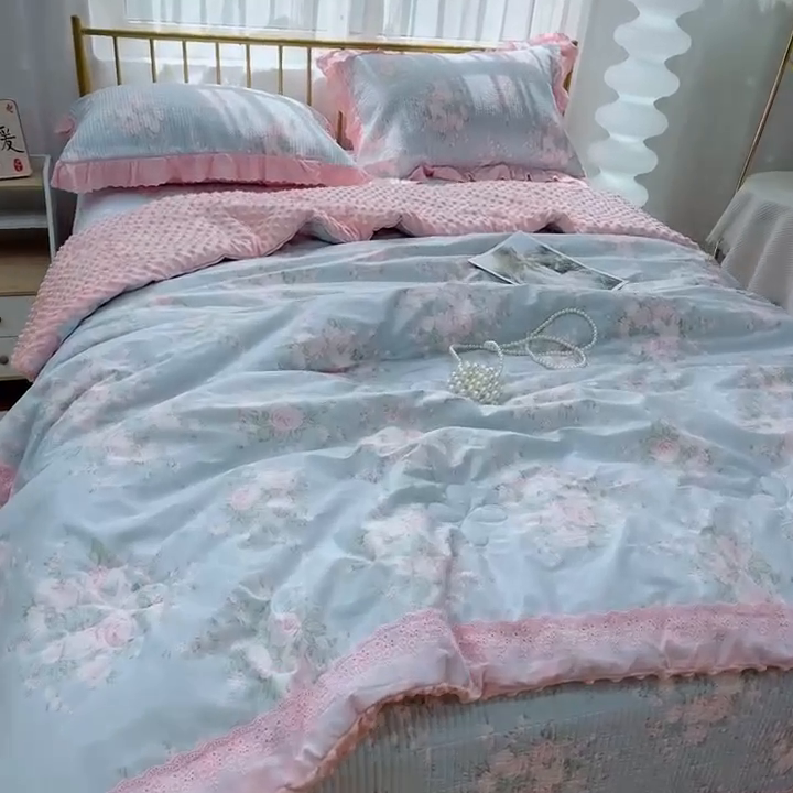 91家纺网 家纺一手货源 找家纺 暖居 2024新款包边豆豆被床盖四件套 安妮公主