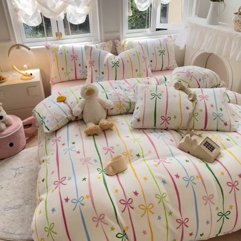 91家纺网 家纺一手货源 找家纺 红粉佳人 2025新款小清新双面牛奶绒四件套蝴蝶结